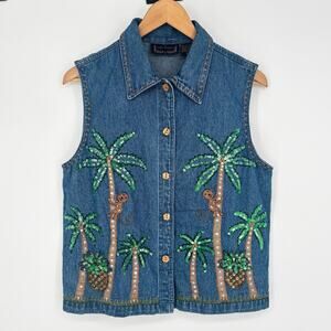 Life Style Denim Sequin Tropical Monkey Vest Size M